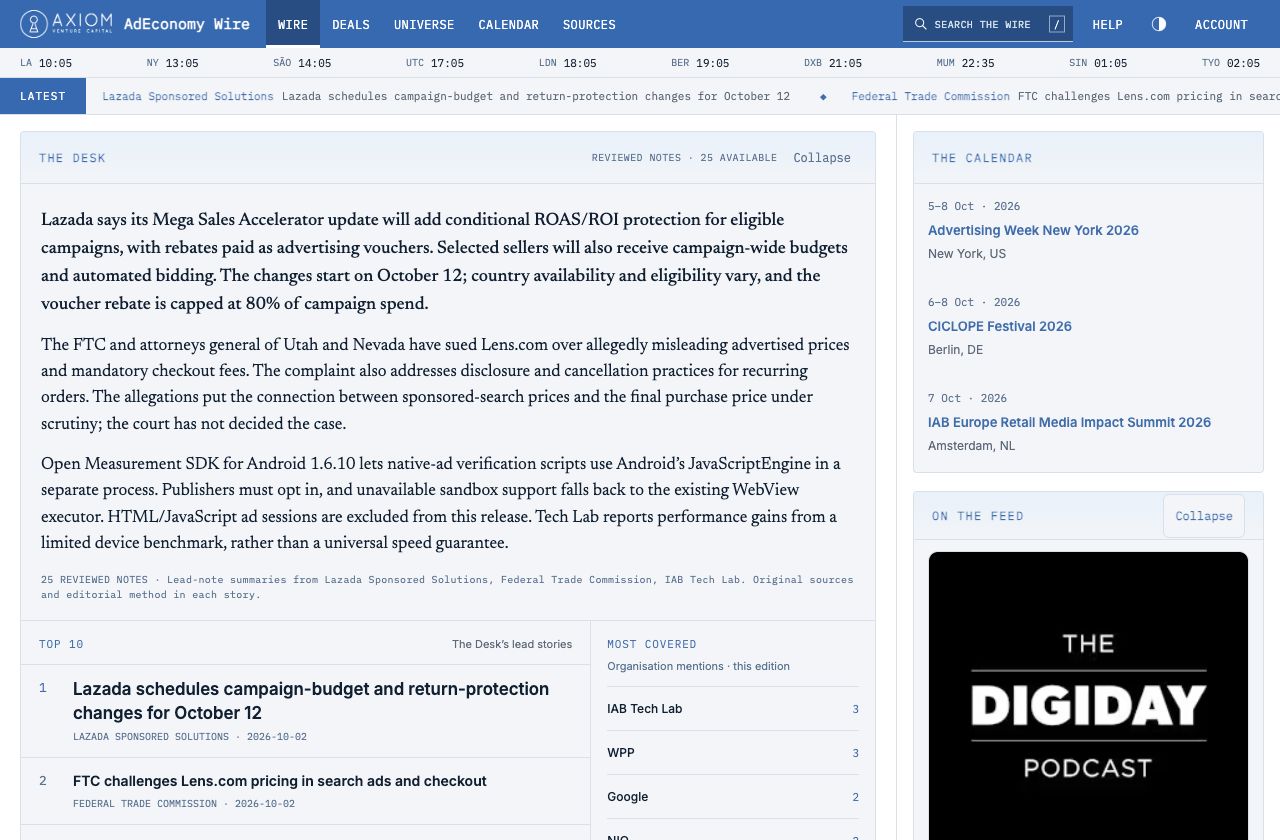 AdEconomy reader with The Desk, lead stories and company context